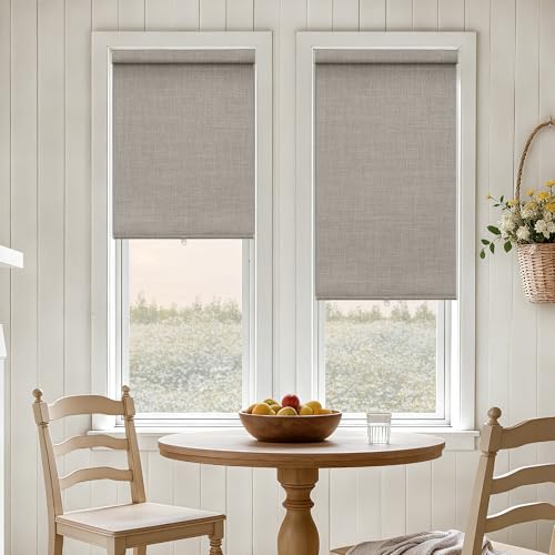 Cordless Black Out Shades for Indoor Windows Free-Stop Thermal Insulated 100% Blackout Linen Roller Shades Blinds for Bedroom Bathroom Living Dining Room, Greyish Beige Taupe Burlywood Birch W25xH72
