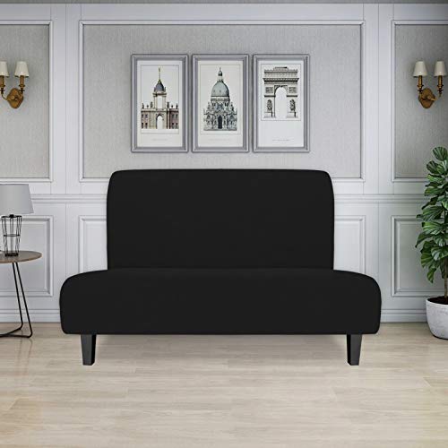 Image of Easy-Going Stretch Medium Futon Slipcover Armless Futon Cover Black | Sofa Bed Furniture Protector Without Armrests with Elastic Bottom for Kids, Soft Jacquard Machine Washable
