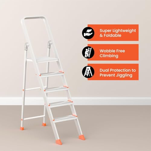Image of 5 Step Foldable Aluminum Step Ladder with Anti-Slip Steps & Rubber Feet | Heavy-Duty Portable Ladder for Home, Kitchen, Office & Indoor Use (5 Step)