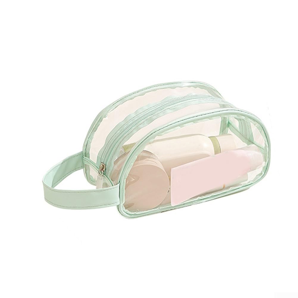 Clear PVC Makeup Bag with Zipper, Large Capacity Transparent Toiletry Bag, Waterproof Cosmetic Organizer for Travel Gym Beach, Stadium Approved(Half-Moon Green)