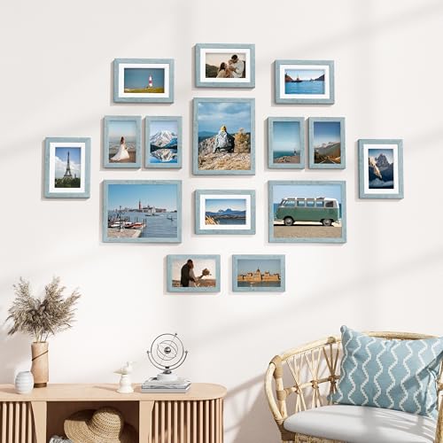 Image of Vittanly 15 Pack Picture Frames Collage Wall Decor for Mounting or Tabletop Display, Gallery Frame Set for Family, Multi Sizes Including 3pcs 8x10, 6pcs 5x7, 6pcs 4x6, Rustic Blue