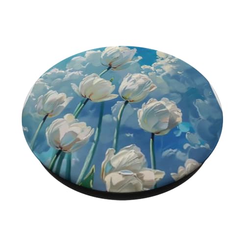 Tulipes blanches ciel bleu nuages moelleux PopSockets PopGrip Adhésif – vue 2