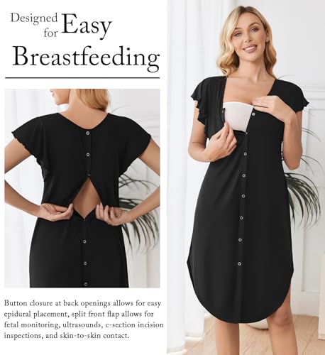 Ekouaer Labor and Delivery Gown 3 in 1 Nursing/Hospital/Breastfeeding/Maternity Flying Short Sleeve Nightgown with Button Black S — view 3