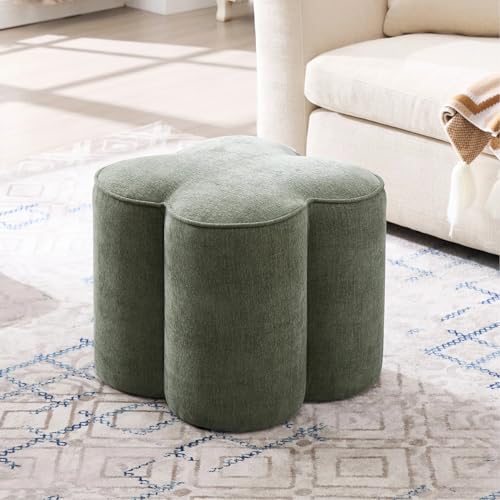 Image of Zesthouse Flower Pouf Ottoman Foot Rest, Linen Fabric Poofy Ottoman Footstool for Couch Sofa, Modern Living Room Stool Seat for Under Entry Table, Cute Square Vanity Stool for Bedroom Dorm, Green