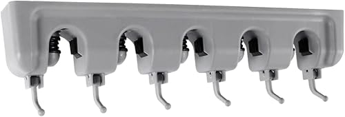 Housoutil Soporte para paraguas para escoba, soporte de almacenamiento, 5 ranuras para bolas, 6 ganchos para escoba y armario (gris)