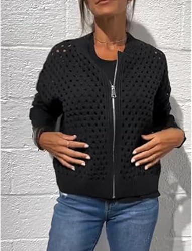 Women's Casual Hollow Knitwear Zipper Jacket, Crochet Fishnet Knit Shrugs Sweater Jacket Lightweight Cardigans Sweater3