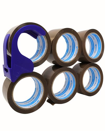 gws Cinta adhesiva para paquetes, 6 rollos, color marrón, cinta adhesiva universal silenciosa para embalar paquetes, con dispensador de 66 m, longitud 50 mm de ancho