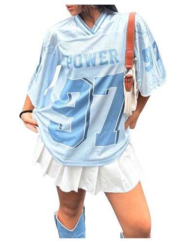Floerns Women's Football Jersey Shirts for Women Oversized Sports Jersey Letter Print V Neck Team Shirts Half Sleeve Custom Jersey Blue Medium