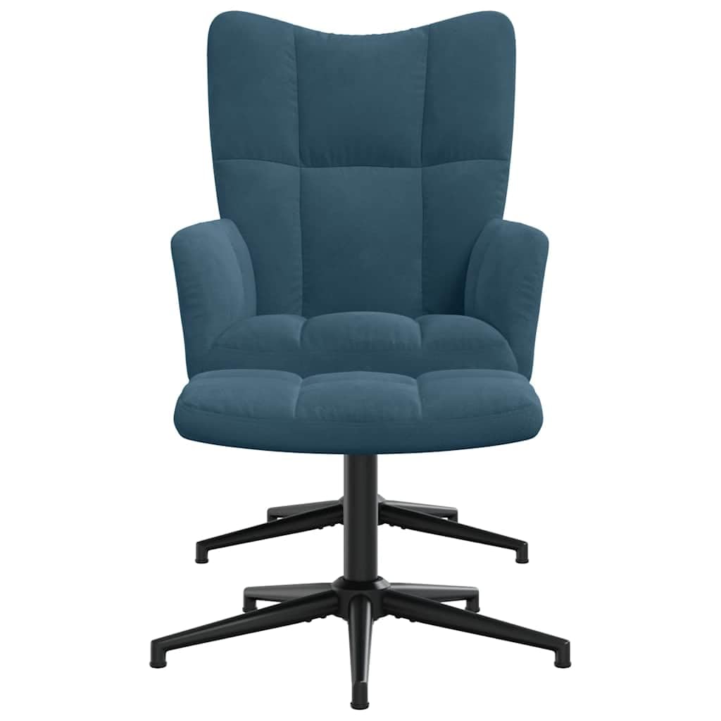 Poltrona Relax con Poggiapiedi Girevole a 360 in Velluto Blu | Poltroncina imbottita per soggiorno e camera da letto con movimento rotatorio completo e poggiapiedi abbinato.