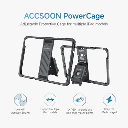 Image of Accsoon PowerCage Ⅱ iPad Case with NP-F Battery Adapter, Protective Case for ipad Gen 7, 8, 9, 10, 11,pad Air 3, 4, 5,6,7 ipad Pro 10.5inch, 11inch (M4 /M5),Use with SeeMo /SeeMo Pro /Nano