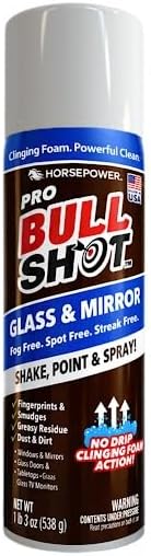 Horsepower Bull Shot Glass & Mirror Cleaner, As Seen On TV, Made in USA, High-Performance No-Drip Clinging Foam, Streak-Free, Spot-Free Shine for Windows, Mirrors, Shower Doors & Glass Surfaces