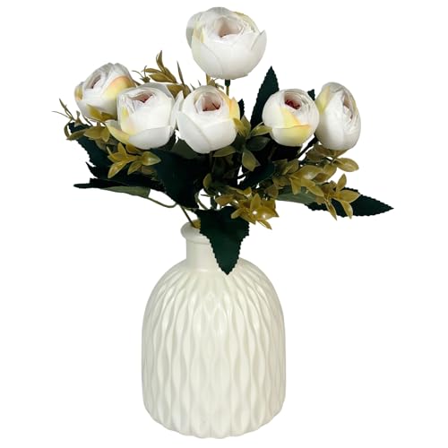 Image of Dekorly Artificial Peony Flowers Bunch | White Vase with Flowers Bunch | Artificial Plants for Home Office Hotel Decor | Bedroom Living Room Bathroom Decor (White, Height : 30CM)