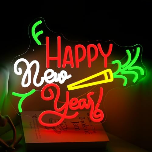 Image of GNVETZLL Happy New Year Neon Sign for Wall Decor Dimmable Colorful New Year LED Light Sign for Bar Party Celebrate New Year Christmas Decoration(15.75 * 12.6In)