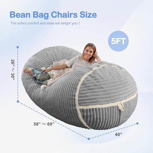 Image of 5FT Bean Bag Chair 5'Giant Bean Bag Chairs with Adults, Large Beanbag Chair | Bean bag Lounger with Washable Cover Corded Plush Fabric, Comfy Chairs for Living Room Bedroom Dorm, Lightgrey with Beige