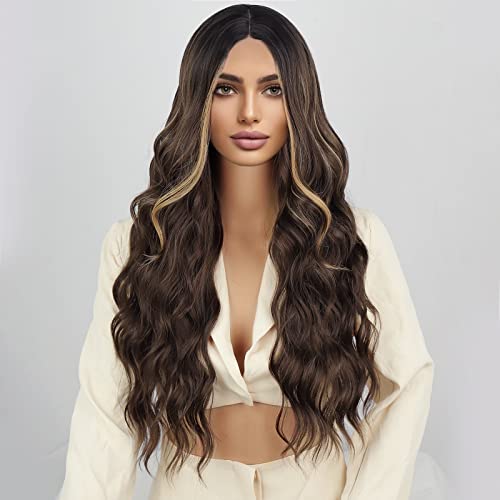 AISI QUEENS Long Wavy Wig Highlights Color Synthetic Curly Middle Part Wigs for Women Brown