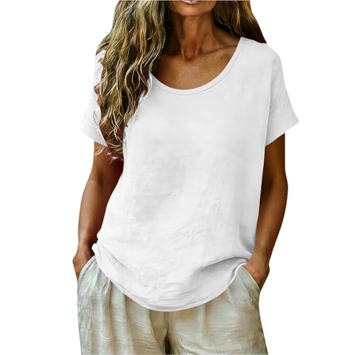 Women's Cotton Linen Blend T-Shirts Short Sleeve Crewneck Loose Fit Casual Tops Summer Pullover Shirts Daily Wear White Linen Clothing for Women L