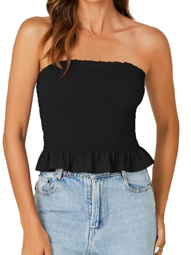 LYANER Women's Smocked Tube Tops Sleeveless Strapless Stretch Bustier Bandeau Crop Top