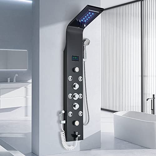 TTICCTIY Duschsäule, schwarz, Edelstahl, LED, Regendusche, 6 Funktionen, mit Massagedüse, Regendusche, Handdusche, Badezimmer, Wandduschsäule Cover