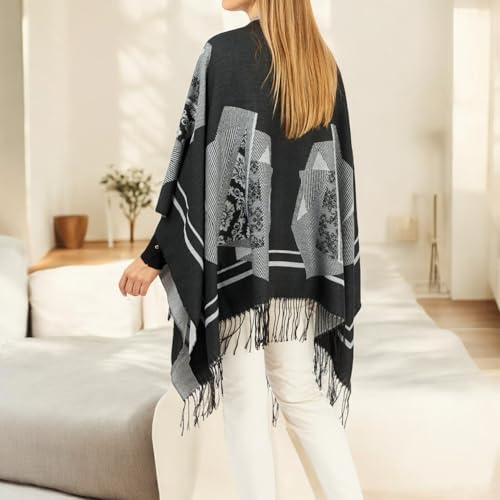 Image of Women's Shawl Wrap Poncho Ruana Cape Cardigan Sweater Open Front for Fall Winter Spring