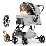 EchoSmile Small Medium Dogs Stroller 4-Wheel Pet Strollers for Medium Dogs Up to 50lbs, One Click Folding Large Cat Stroller, Reversible Handle, Shock Absorbing Wheels, Removable Washable Pad