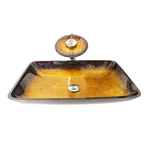 HomeLava Modern Waschbecken Set Glas Eckig mit Wasserfall Wasserhahn,Ablaufgarnitur, Montagering Cover