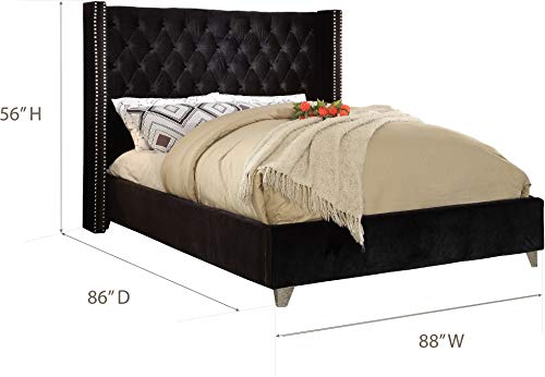 Meridian Furniture Aiden Collection Modern | Contemporary Velvet Upholstered Bed with Deep Button Tufting, Solid Wood Frame, and Custom Chrome Legs, King, Black