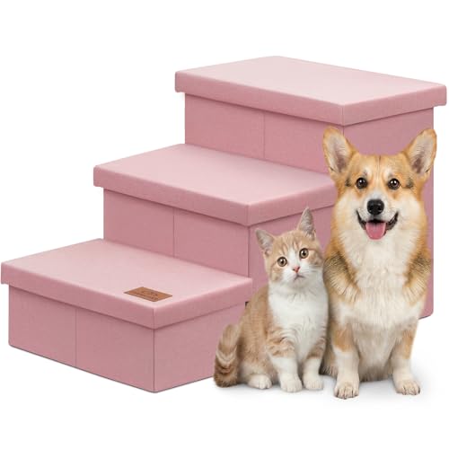 Image of Zerbuger Dog Stairs with Storage, Pink 3 Steps Dog Ramp no Condo for Bed | 18 inch H Small Dog Steps for High Beds Couch, Folding Storage Pet Stairs Gift for Climbing Small /Medium /Large Old Dogs Cats