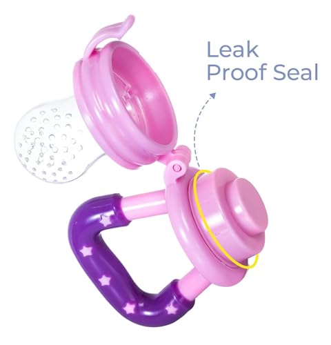 Image of Babybee Baby Fruit Feeder Pacifier (1 Pcs) with 1 PCS Silicone Food Dispensing Spoon 90ML and 1 pcs Fruit Teether 1pcs Finger Brush 1 pcs bib 1 pcs Steel Bottle 240 ML (Pink)