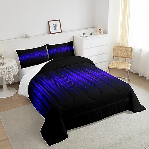 Image of Feelyou Abstract Ombre Stripes Comforter Queen Size for Boys Girls, Purple and Black Comforter Set Geometric Abstract Ombre Bedding Set Blue and Black Striped Duvet Set Durable Quilt Set