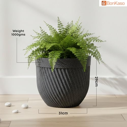 Image of Bonkaso 12 Inch Seltos Ribbed Planter for Indoor & Outdoor Use | Round Heavy Duty Polymer Flower Pot | Lightweight Weather Resistant Modern Gamla for Living Room Balcony & Terrace (Dark Grey)