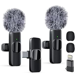 Dual Wireless Microphones for iPhone This dual wireless lavalier microphone set built-in noise reduction chip, real-time auto-sync technology, and 2.4G signal transmission with super low latency(0.008s), the sound picking-up follows the picture in re...