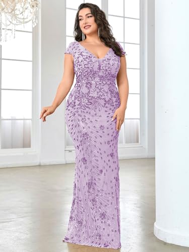 Image of Plus Size Womens Sequined Long Evening Gown Glamous Sleeveless V-Neck Mermaid Prom Dress for Wedding Party
