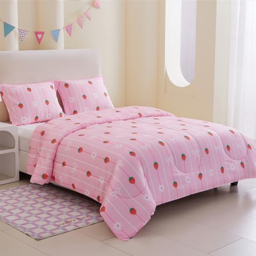 Image of Yibeizi Pink Strawberry Comforter Set for Girls Full Bow Striped Bedding