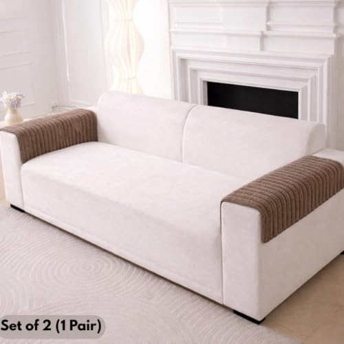 Image of HOMETHREADS Thick & Soft Fur Plush Sofa Cover-Luxurious Cozy Slipcover, Washable & Pet-Friendly, Anti-Scratch Protector for Sofas (Khaki, 2Pc Armrest | 70x50cm)