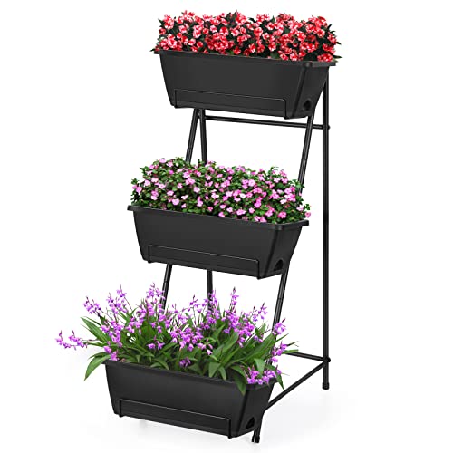 Vertical Raised Garden Bed 3 Tier Elevated Garden Planters Stand Up Garden Planter Box with Drainage Holes for Outdoor Indoor Plants Herbs Flowers Vegetables Black