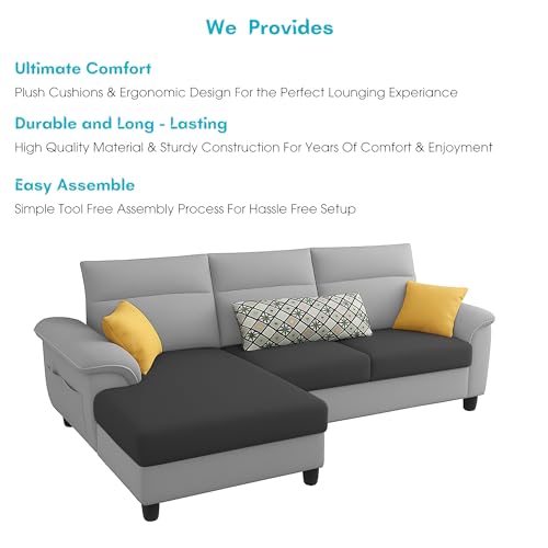Image of Casaliving Seams LHS 4 Seater L Shape Sofa for Living Room (Black Grey Fabric) Premium Fabric Sofa