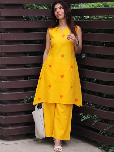 Image of ANNI Designer Kurta Set for Women Cotton Blend Embroidered | Kurti Set for Woman | Farshi Salwar Suit Kurta Palazzo Outfit | Round Neck V Slit Sleeveless Regular Fit Ethnic Dress Stylish Clothing