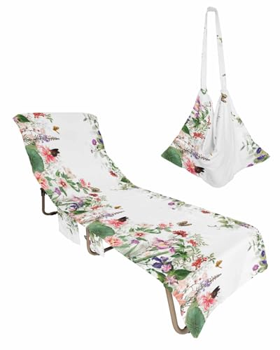Flower Leaves Beach Chair Towel Covers for Chaise Lounge With Side Pocket, Soft Plush Pool Towels Cover for Patio Sunbathing Outdoor 29''x85'' Watercolor White Romantic Leaves Plant