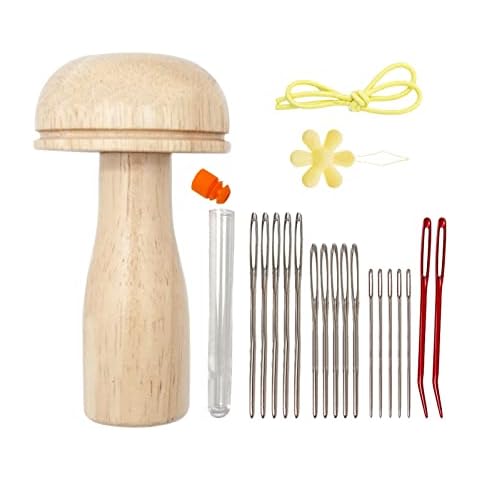 Darning Mushroom with Stretch Holder, Wood Darning Mushroom Set with Sewing Needles Blunt Aluminum Bent Tip Tapestry Needles, Sewing Darning Needle Darning Mushroom for Socks Clothes DIY Hand Sewing Cover