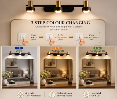 Image of FILLISKA 3 in 1 Double Wall spot /Picture /Display /Mirror Light with Adjustable Head and Colour Changing Function (18 Watt Gold & Black-685)