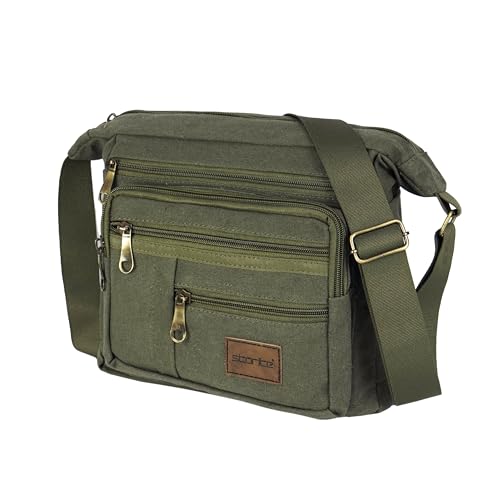 Image of Storite Canvas Sling Crossbody Messenger Bag for Men & Women Multi-Pocket One-Shoulder Travel Bag with Adjustable Strap (Olive - 27 x 10 x 23 Cm)
