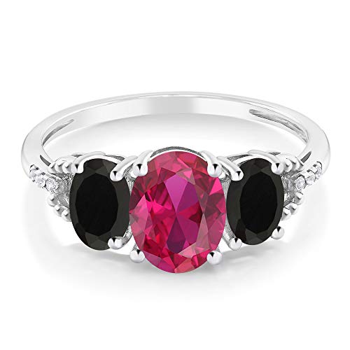 Gem Stone King 10K White Gold Red Created Ruby Black Onyx & Diamond Accent 3-Stone Engagement Ring | 1.98 Cttw | 3 Stone Wedding Engagement Anniversary Promise Ring For Women3