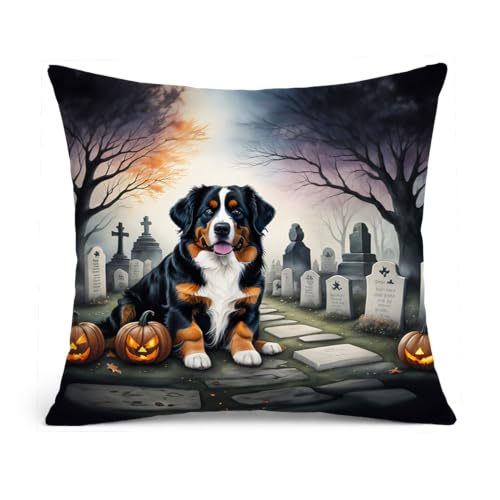 Caroline's Treasures DAC2014PW1818 Bernese Mountain Dog Spooky Halloween Fabric Decorative Pillow Machine Washable, Indoor Outdoor Decorative Pillow for Couch, Bed or Patio, 18Hx18W