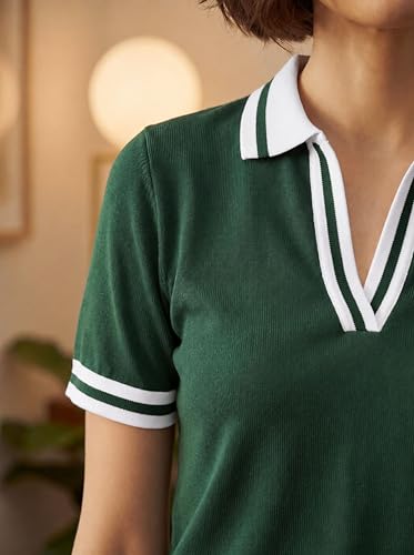 Image of FYLTR Women's Modern V-Neck Striper Collar Solid Polo T-Shirt - Contrast Tipping Details | Regular Fit | T-Shirts for Women | Open Placket