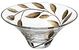Decorative Glass Bowl Fruit Display - Etched & Hand Painted Leaves Decor - Mouth Blown Glass - Salad