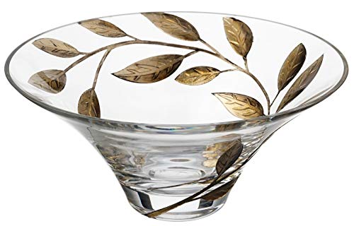 Decorative Glass Bowl Fruit Display - Etched & Hand Painted Leaves Decor - Mouth Blown Glass - Salad Serving Bowl - D: 10.2 In (26 Cm) (Gold) #TOP15