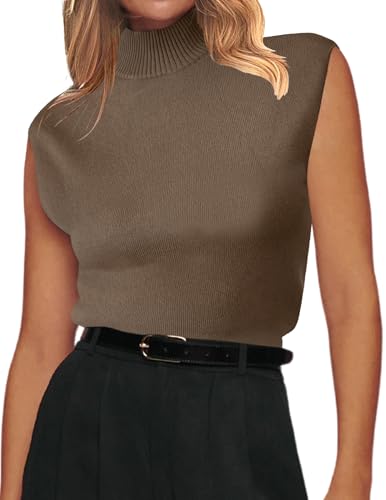 Image of Zeagoo Women's 2024 Mock Turtle Neck Sweater Vest Sleeveless Knit Pullover Tank Tops Casual Trendy Slim Fitted Shirts Brown, Large