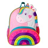 Mochila Infantil Unicórnio 3D, Poliéster, Rosa e Turquesa, 33x27x12cm, Design Arco-Íris, Alças Ajustáveis, Bolsos Laterais, para Creche e Escola, 3+ Anos