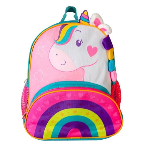 Mochila Infantil Unicórnio 3D, Poliéster, Rosa e Turquesa, 33x27x12cm, Design Arco-Íris, Alças Ajustáveis, Bolsos Laterais, para Creche e Escola, 3+ Anos