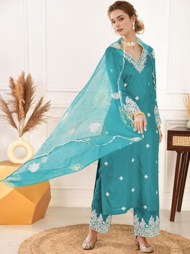 Image of SHIENZY Women's Embroidered Kurta Pant Set with Dupatta | Straight Kurta Set for Women | Ethnic Kurta Set for Women, Traditional Indian Kurta Pant Dupatta Set